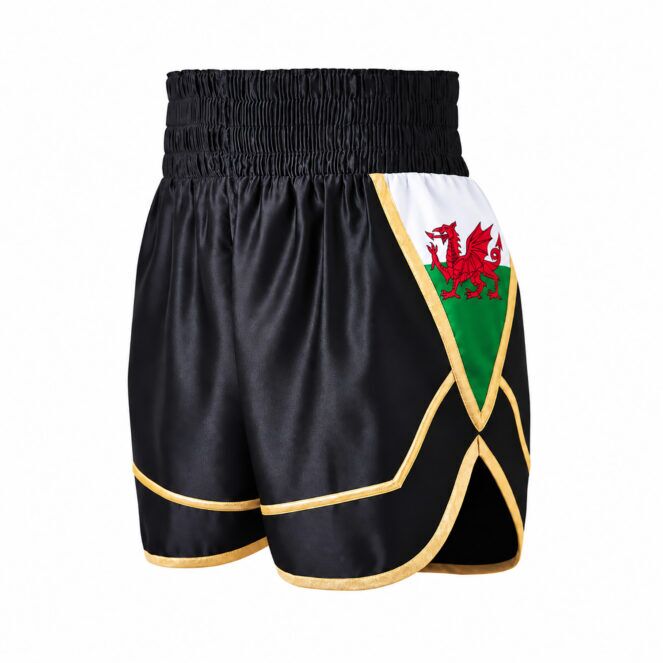 Welsh Flag Boxing Shorts, Black Satin With Gold Trim