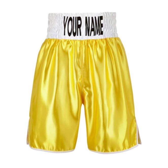 Yellow Satin Boxing Shorts with White Waist Band Yellow Satin Boxing Shorts with White Waist Band