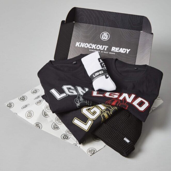 LGND Bundle 3 Black Tees - Gold, Grey, Red Black Beanie and Socks-square Suzi Wong Gift Box with 3 T-Shirts, Socks and Hat