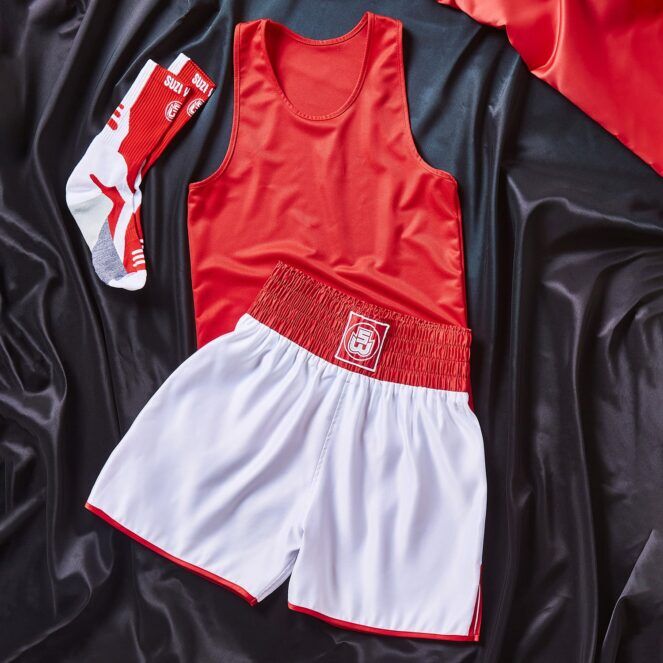 Suzi Wong Vest Shorts and Socks Bundle - Red -square Red SW Retro Style Contrast Amateur Boxing Club Kit Bundle