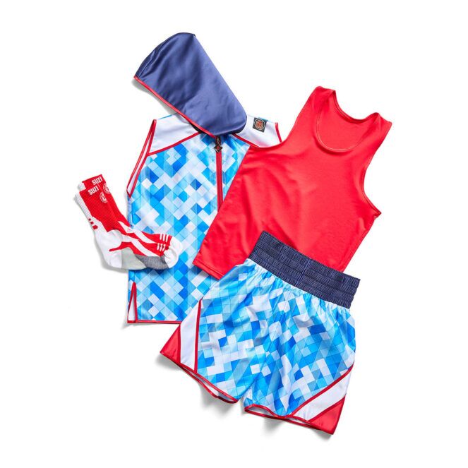 Britannia Suzi Wong Boxing Kit Bundle with red vest, patterned shorts, hooded top and socks